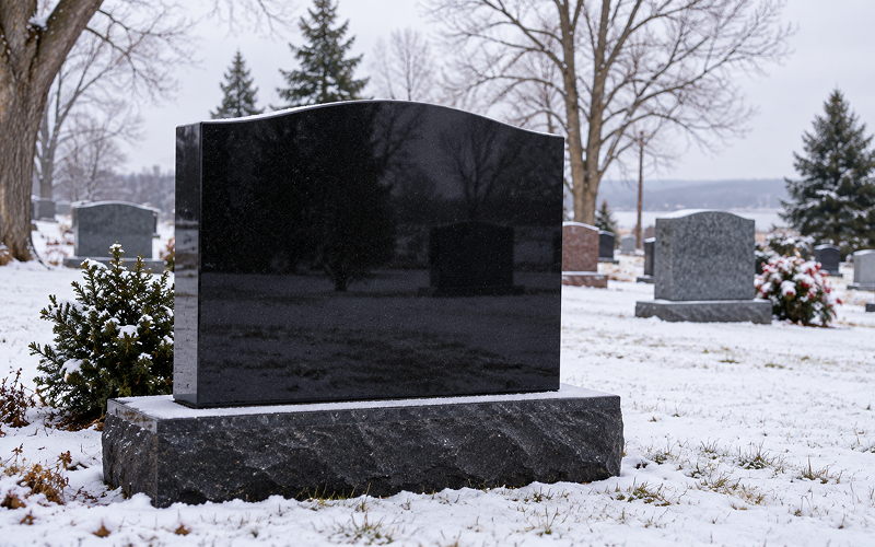 Black granite headstone in snowy Canadian cemetery showing freeze-thaw durability