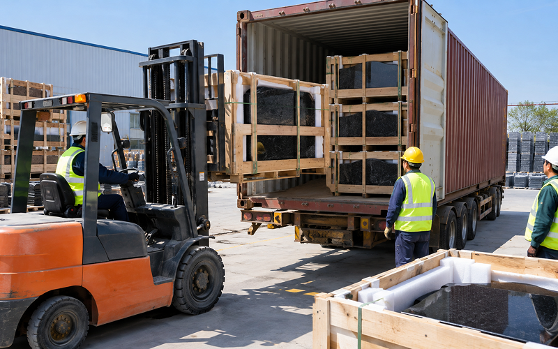 Wooden crates of granite headstones loaded into export shipping container