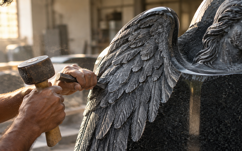 Craftsman hand-carving feather detail on black granite angel headstone